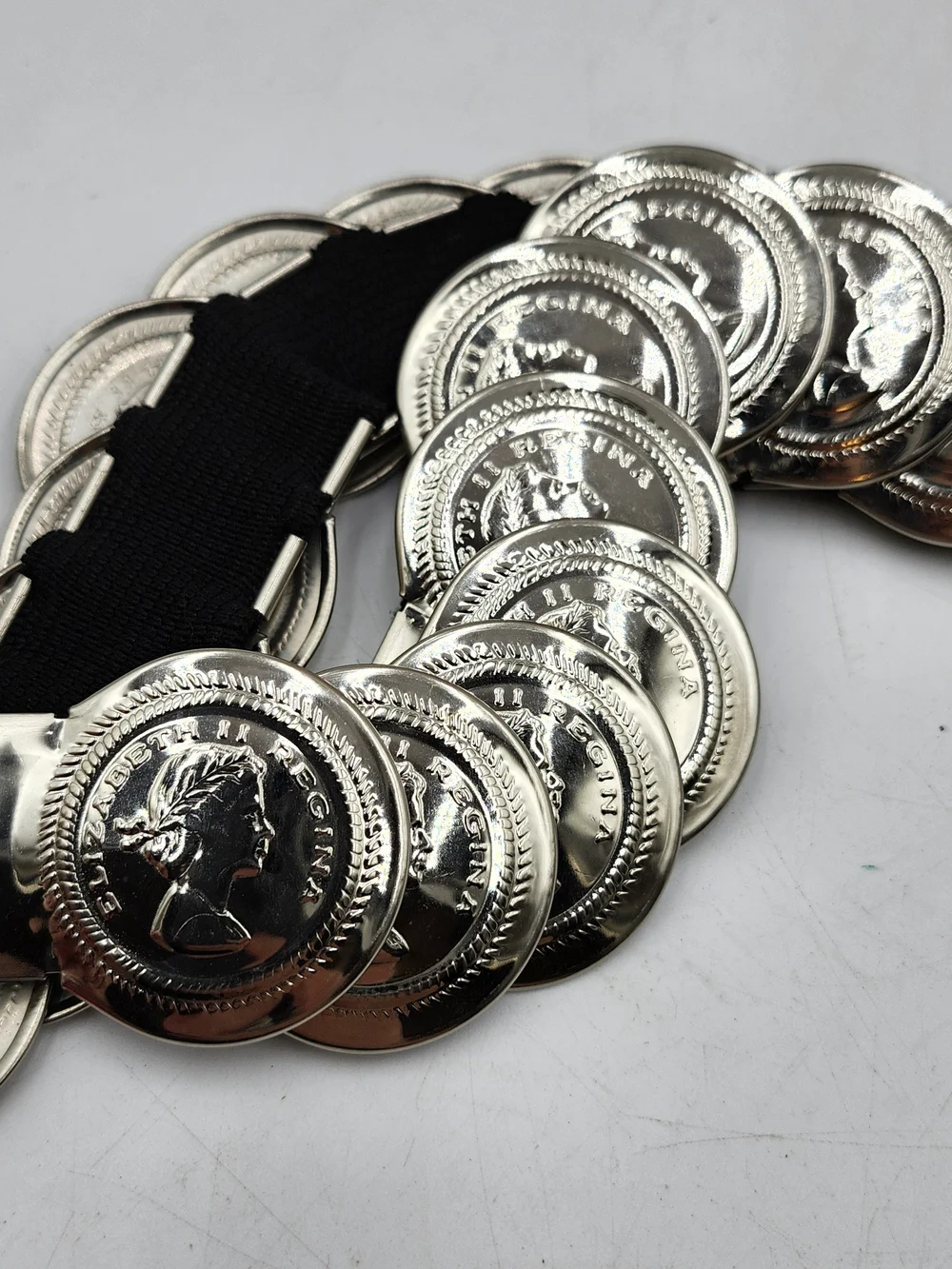 Vintage Elizabeth II Regina Coins Stretch Elastic Waist Belt Silver Tone